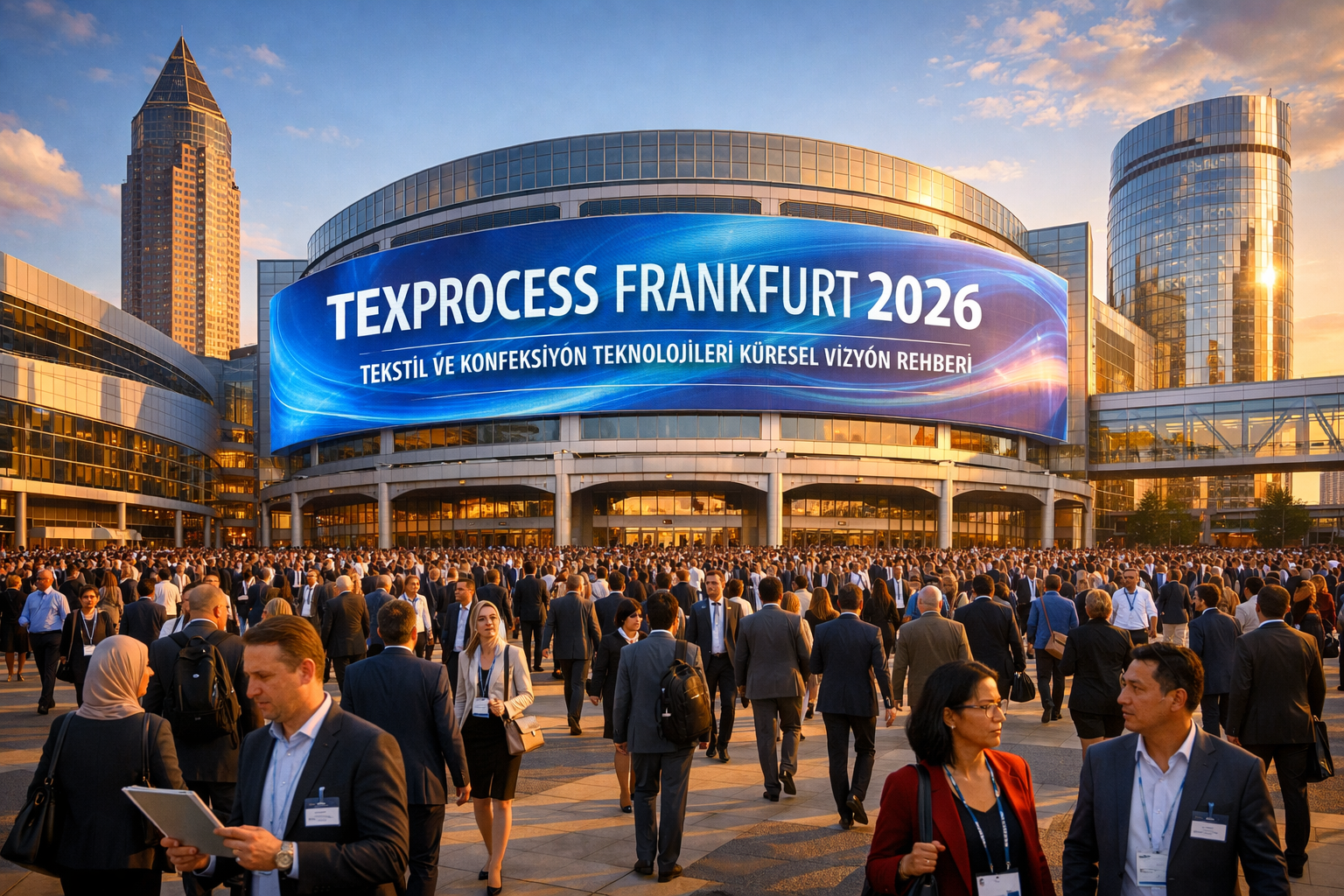 Texprocess Frankfurt 2026 Fuarı devasa giriş holü ve uluslararası katılımcılar