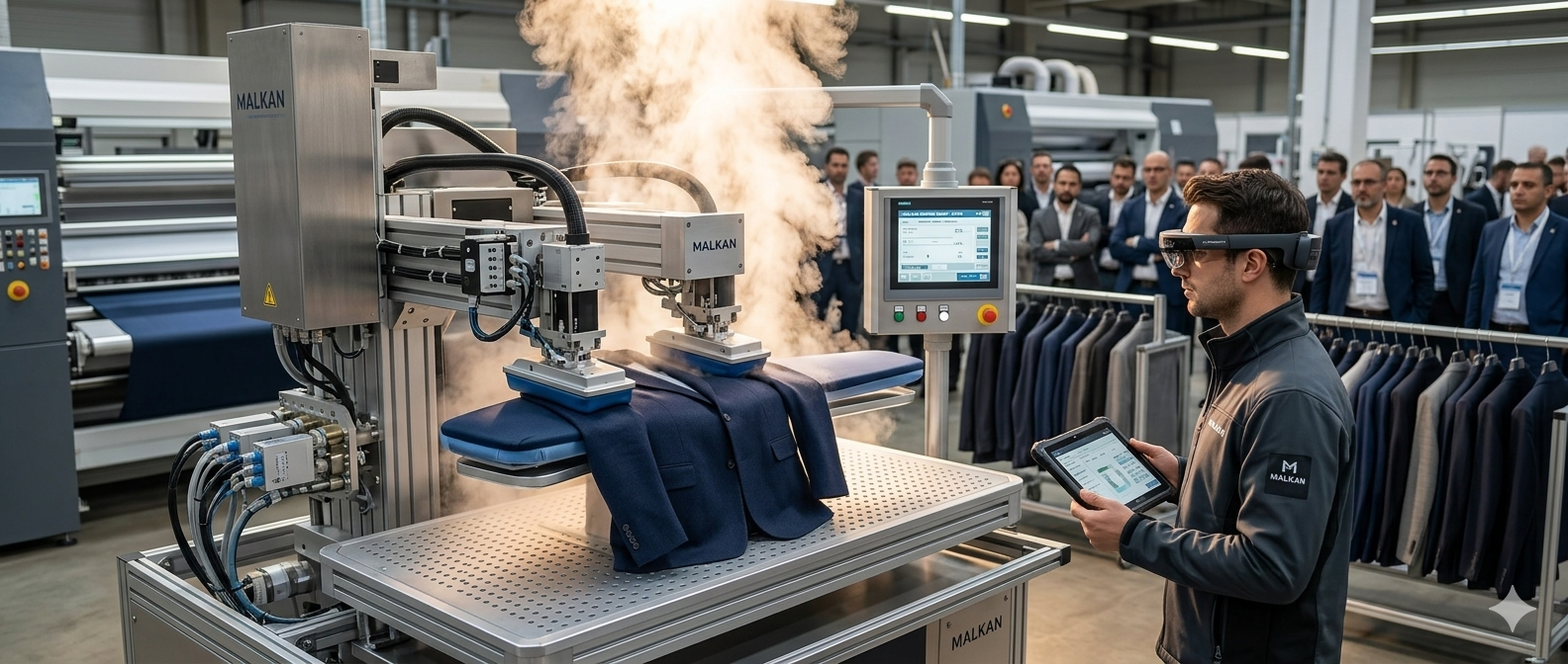 Malkan Makina Texprocess 2026 fuarında ütü robotu ile