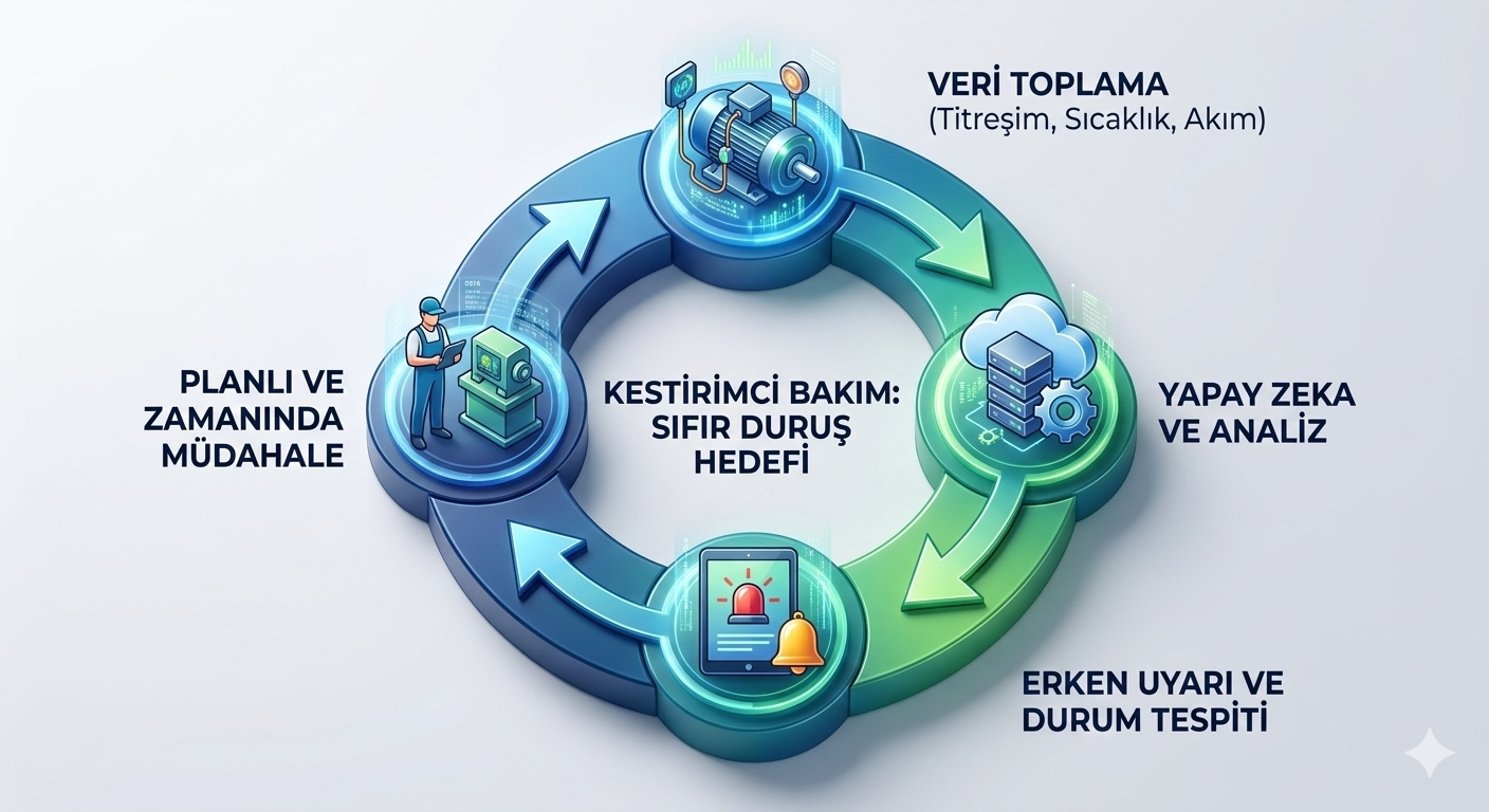 Prediktif bakım sürecini gösteren akış şeması: sensör verisi, yapay zeka analizi, erken uyarı, planlı müdahale
