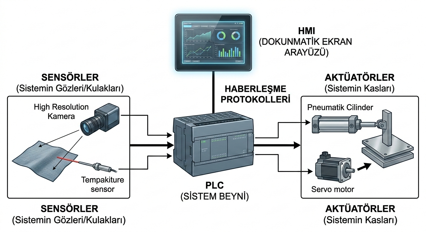 PLC, sensörler, aktüatörler ve HMI'dan oluşan otomasyon sistemi bileşenleri şeması